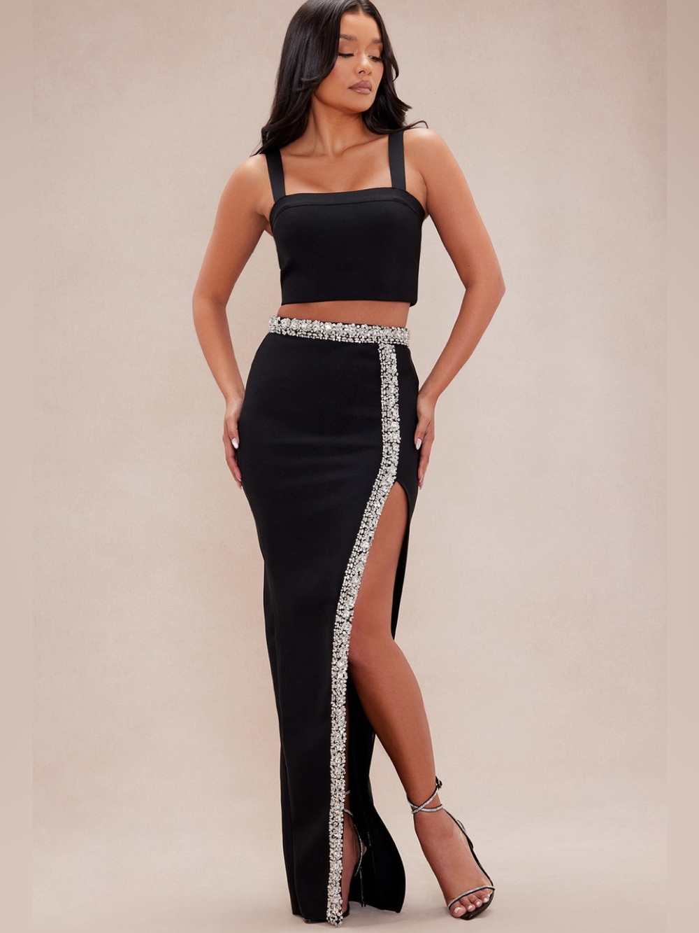 Embellished Bandage Black High-Slit Maxi Skirt Set
